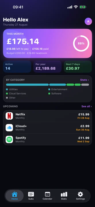 Wallos Go home screen: this month's total, budget ring, category split and upcoming renewals